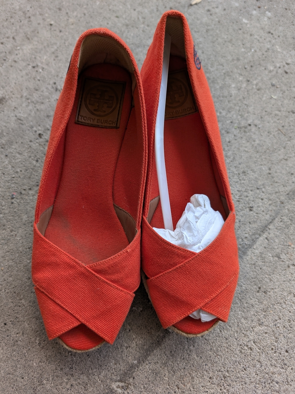 Tory Burch Women's Red Canvas Peep-Toe Wedges